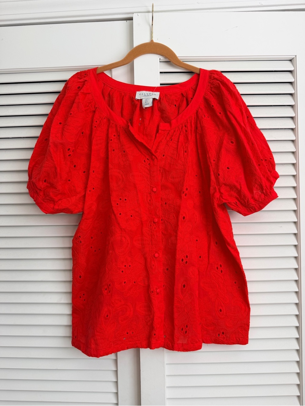 Calypso St. Barth Red Eyelet Puff-Sleeve Button Front Blouse Cotton